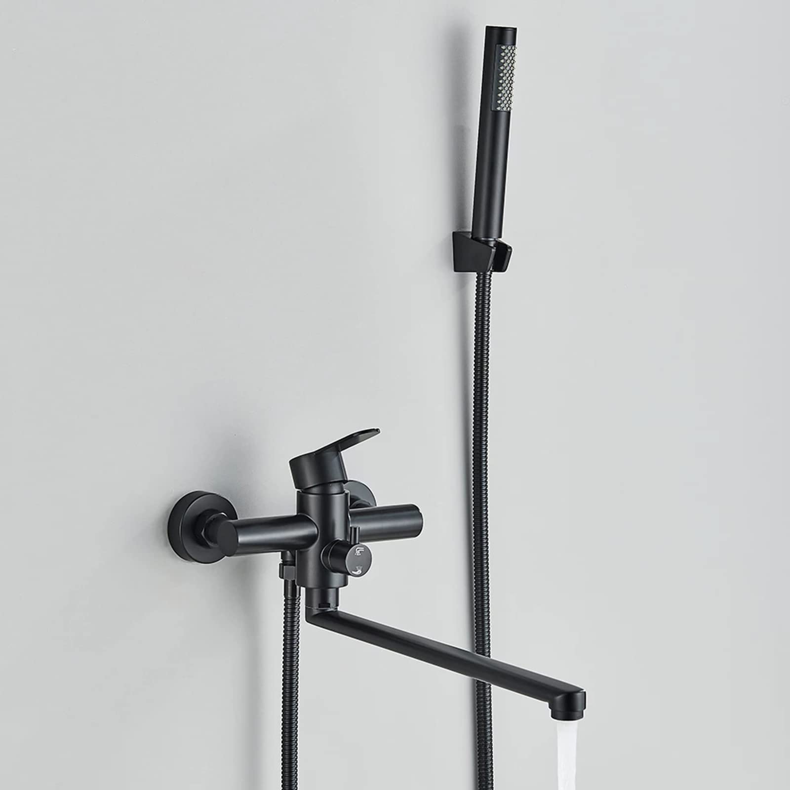 Grifo de bañera de Pared con caño Giratorio Alargado de 35 cm y Ducha de Mano, Grifo de Ducha de bañera de latón Negro Mate, Grifo Mezclador de Agua fría y Caliente para el hogar.