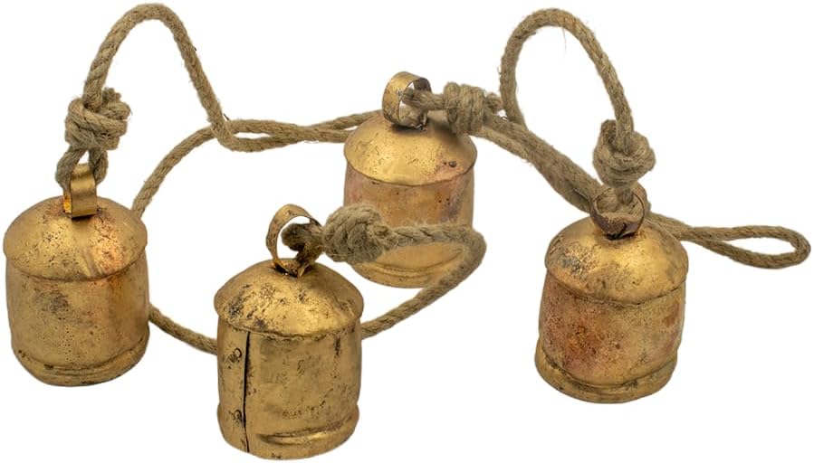 Rustic Metal Christmas Bells on Jute Rope – Vintage Wall & Door Hanging Bells for Home, Temple, Garden & Holiday Décor – Handmade Golden Bell Cluster (4 Bells)​