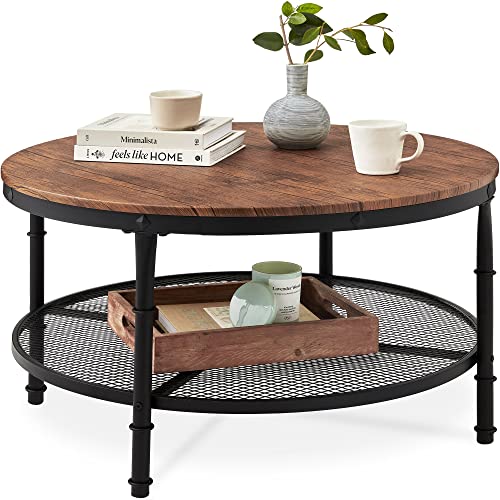 Best Choice Products 2-Tier 35.5in Round Industrial Coffee Table, Rustic Steel Accent Table for Living Room, w/Wooden Tabletop, Reinforced Crossbars, Padded Feet, Open Shelf, Raised Bottom – Brown
