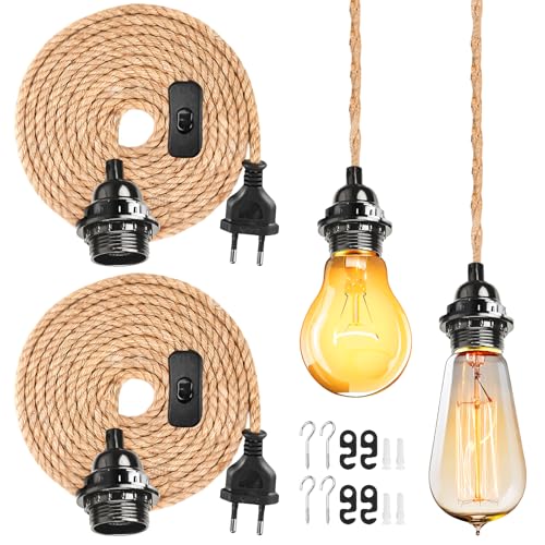 GAOUTO Lámpara Colgante Vintage: 2 Piezas Kit De Lámpara Colgante DIY Con Enchufe, Portalámpara E27 Rústico Con Cuerda De Cáñamo, Lámpara Colgante Plug-In Para Cocina, Comedor Y Loft (4.5M, Negro)