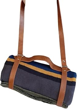 WP West Path Motorcycle Bedroll/Cowboy Bedroll Waxed Canvas Blanket with Vegan Leather Strap, Waterproof Backing, Roll-Up Blanket Carrier Blue/Grey w/Strap