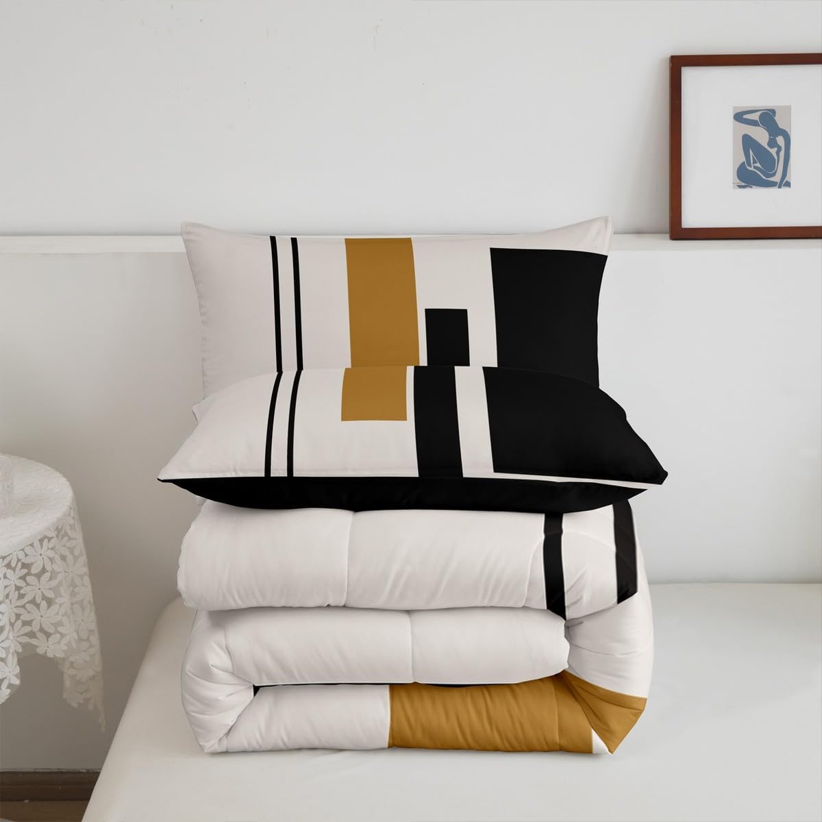jejeloiu Black Gold Comforter Set Queen Size Modern Abstract Bedding Set for Kids Boys Girls Decor Geometric Aesthetic Striped Minimalist Duvet Quilt Soft Microfiber,with 2 Pillow Cases