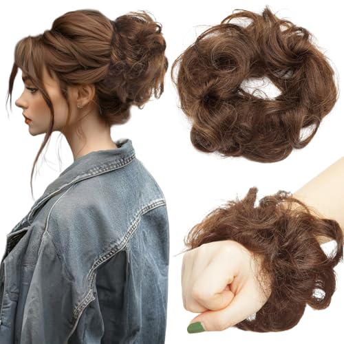 S-noilite Messy Bun 100% Real Human Hair Scrunchies Wavy Curly Tousled Updo Hairpieces for Women Girls Donut Updo Chignons with Elastic Rubber Band #4 Medium Brown
