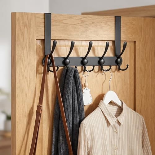 Over The Door Hook Door Hanger Hook Rack with 5 Tri Hooks for Hanging Coats Over Door Towel Rack Door Coat Towel Hanger Door Coat Rack for Bathroom Behind Back of Door