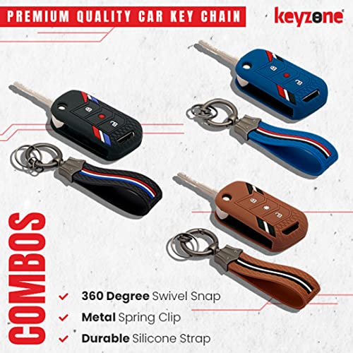 Image of Keyzone Striped Silicone Key Cover and Keychain Compatible for Mahindra Thar Roxx, Xuv3xO, Scorpio-N, Xuv700, Thar,Xuv400, Xuv300, Bolero NEO, Marazzo, 3 Button Flip (Blue with Blue Striped KH)