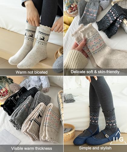 Image of IIG Cute Warm Wool Socks for Women Super Cozy Thick Crew Winter Socks Gifts, 5 Pairs