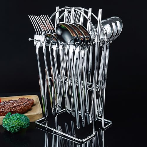 Image of BonZeaL Stainless Steel 24 Pieces Silver Cutlery Set for 6 Person with Stand Mirror Finish Flatware Set for Dining Table Hotel Cafe Bar Restaurant Premium House Warming Gifts for New Home Kitchen