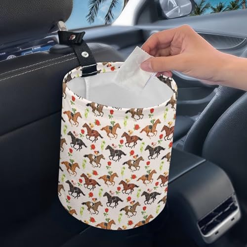 Image of Horse Race Floral Car Garbage Bin Car Trash Bin Car Trash Can Bags Collapsible Accessories Trash Can Rubbish Bin Garbage Bin Decoration Car Interior Universal