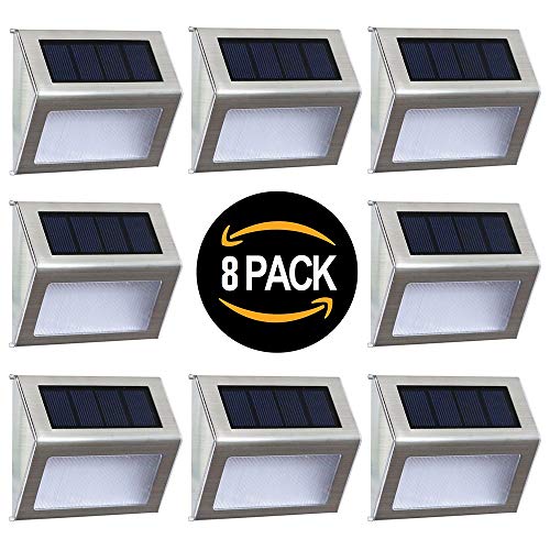 Solar Deck Lights Outdoor Solar Step Lights 6 LED Solar Stair Lights Stainless Steel Outdoor Solar Wall Lights Weatherproof Outdoor Auto On/Off Lighting for Steps Stairs Decks Fences 8 Pack
