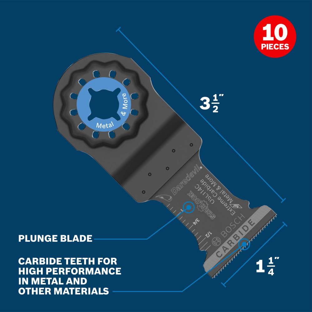 BOSCH Starlock OSL114C-10 - Paquete de 10 cuchillas oscilantes multiherramienta de metal y más carburo para cortar barras de hierro, metal, madera con clavos, paneles de yeso y azulejos