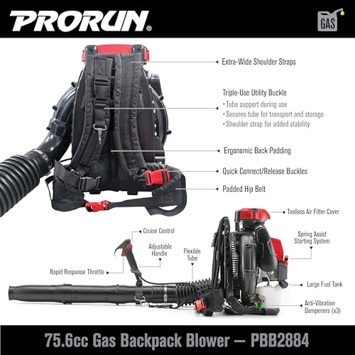 PRORUN 75.6cc 1020 CFM 240 MPH Gas-Powered 2-Cycle Backpack Leaf Blower, PBB2884