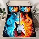 Guitar Bedding Set Rock Music Themed Bed Sheet Set Fire and Water Musical Notes Fitted Sheet & Pillow Sham Set Electric Guitar Instruments Print Bed Cover No Flat Sheet Room Decor 3Pcs Queen Size
