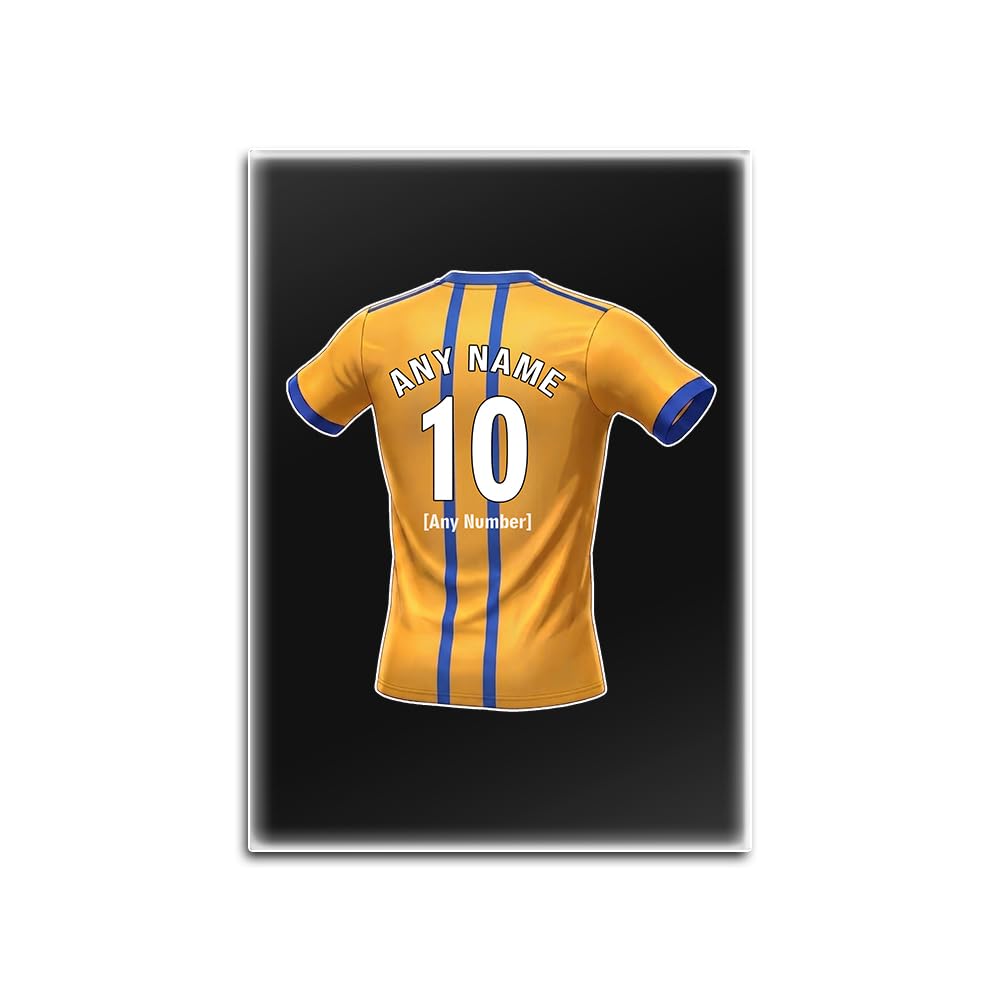 UNIGIFT Personalised Gift - Mansfield Area Fan Black Glass Fridge Magnet (Amber and Blue Football Jersey Design) Custom Name - Nottinghamshire NG18 Club