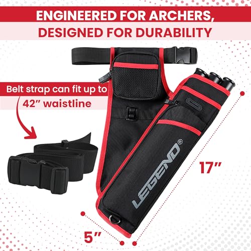 Legend First Archery Quiver Case for Arrows - Right Handed Target Shooting Hip Quivers with Adjustable Belt & 3 Arrow Tubes - Durable T-Slot & Storage Pockets for Accessories & Score Card - Black/Red