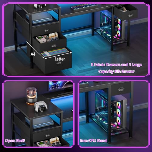 Image of Furologee 52 inch Gaming Desk with 4 Drawers & LED Lights, Power Outlet, Black