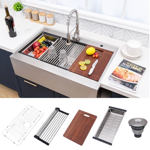 Image of 33 Farmhouse Sink, Drop In Stainless Steel Apron Front Farm Sink 33x22x9 Single Bowl 16 Gauge with Accessories