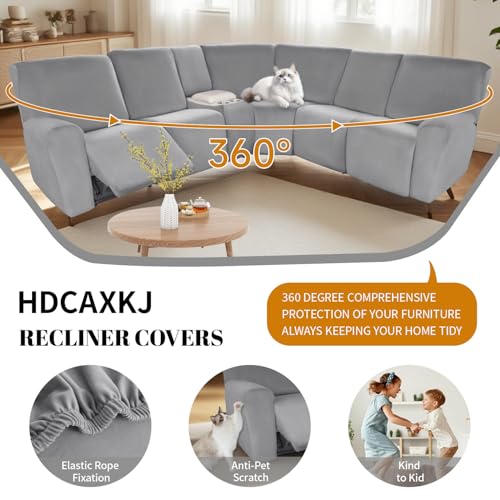 HDCAXKJ Reclining Sectional Couch Covers Velvet L Shaped Sectional Sofa Cover Washable Stretch Soft Corner Recliner Slipcover with Non-Slip Elastic Bottom (5 Seat and 1 Middle Console, Neutral Gray) by HDCAXKJ - Used condition - Image 4