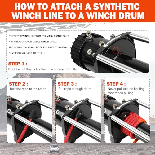 STEGODON Synthetic Winch Rope, 3/8" x100ft 23809LBS Dyneema Winch Rope 3/8 Heavy Duty Winch Cable with Protective Sleeve Forged Winch Hook for 4WD Off Road Vehicle Truck SUV (Orange) - Thumbnail 6