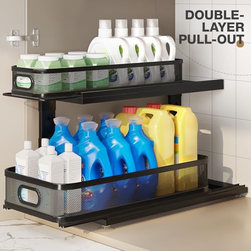 Image of 2 Pack 21IN-Depth Under Sink Organizer With Next-Gen Ball-Bearing Slides,2-Tier Precision Mesh Pull Out Cabinet Storage for Bathroom&Kitchen,Height Adjustable Drawers Shelf,Anti-rust-Black