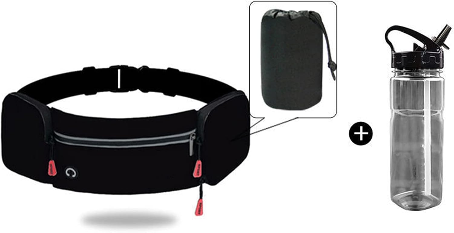 HB1 Running Waist Belt Pouch Bag with Water Bottle Holder and 2 Zipped Pockets for Man Women Workout Outdoors Climbing Cycling Include Water Bottle,Black