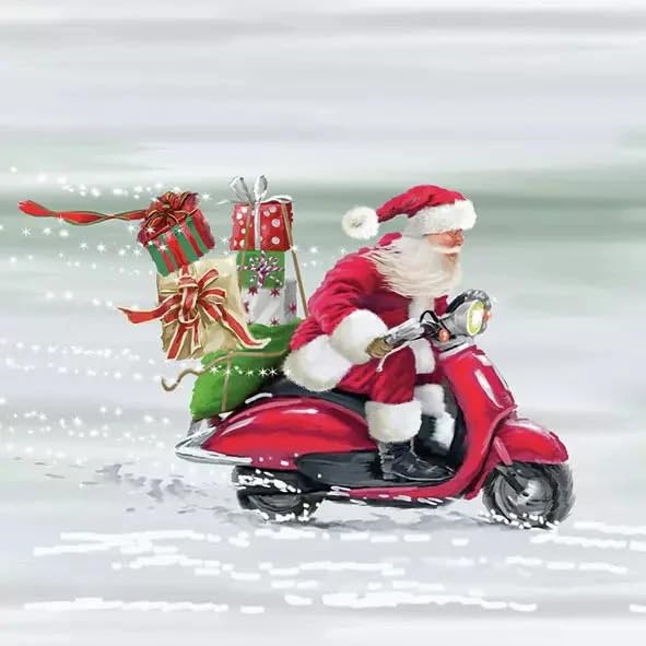 Set of 2 Individual Decoupage Paper Party Napkin Christmas Santa Scooter Watercolor Decor Luncheon Napkins for a Birthday Holiday, Wedding, Cocktail Party