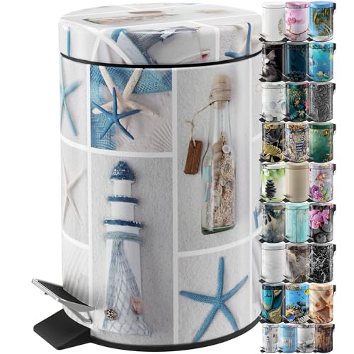Sanilo Small Bathroom Trash Can with Lid [1.3 Gallon] - Lidded Tiny Trashcan for Garbage - Mini Metal Bin with Soft Closing Mechanism - Bath Room Accessoire Wastebin with Inner Bucket (Sea Breeze) by Sanilo - Used condition - US$29.74