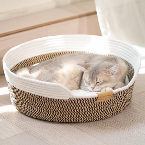 CheerPals Katzenbett mit Kissen, 47cm Waschbar Katzenkorb aus Baumwollseilen geflochten, zum Schlafen für Alle Katze, All Season Universal
