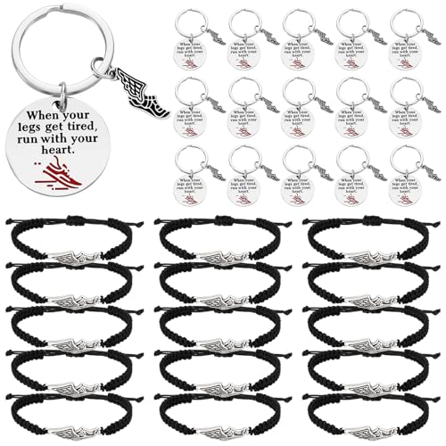 Tondiamo 32 Pcs Cross Country Gift Bulk Track and Field Accessories Stainless Steel Adjustable Bracelet and Keychain Running Gifts for Women Men Adult Training