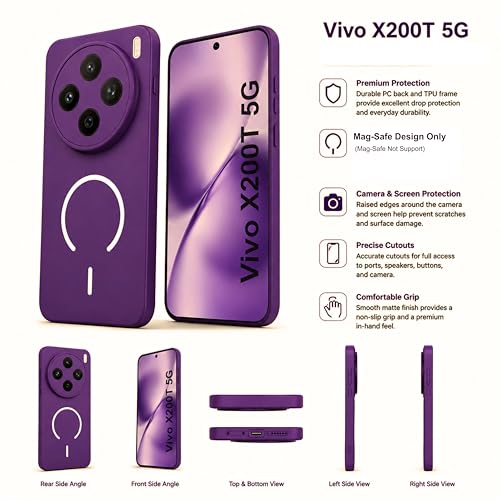 Image of SBMS Silicone Back Cover Case for Vivo X200T 5G | Soft Micro-Fibre Lining Inside | Magsafe Print On Back Side Camera Protection Bump | Shockproof Case for Vivo X200T 5G (Purple)