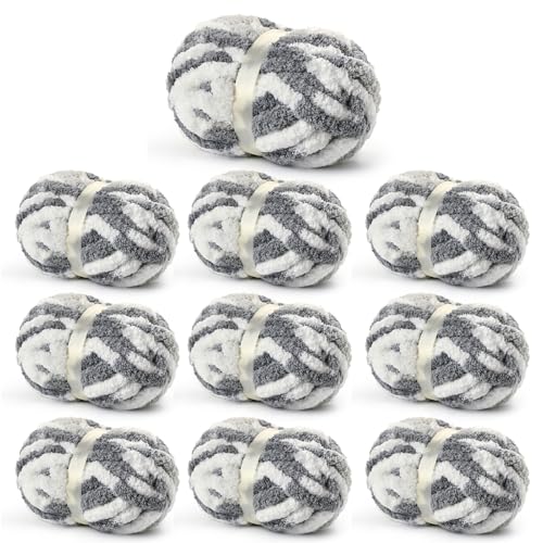 Image of Chunky Jumbo Chenille Yarn White-Grey 10 Pack