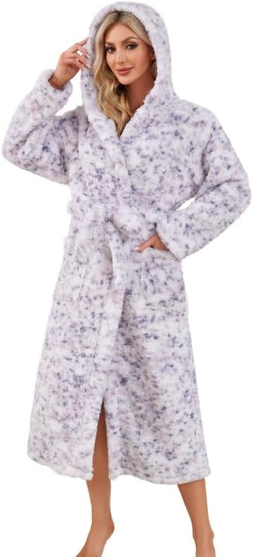 LYCY Women Hooded Fleece Robe, Soft Warm Plush Bathrobe for Women Fluffy Spa Long Robe