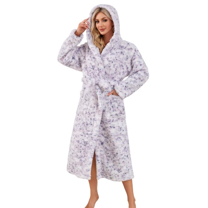 LYCY Women Hooded Fleece Robe, Soft Warm Plush Bathrobe for Women Fluffy Spa Long Robe