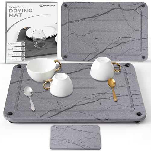 Stone Dish Drying Mat for Kitchen Counter, 2PCS Quick Dry Stone Dishes Mats, Water Absorbing Diatomaceous Earth Drying Pad for Bottles Dish Cups(Dark Gray 15.7