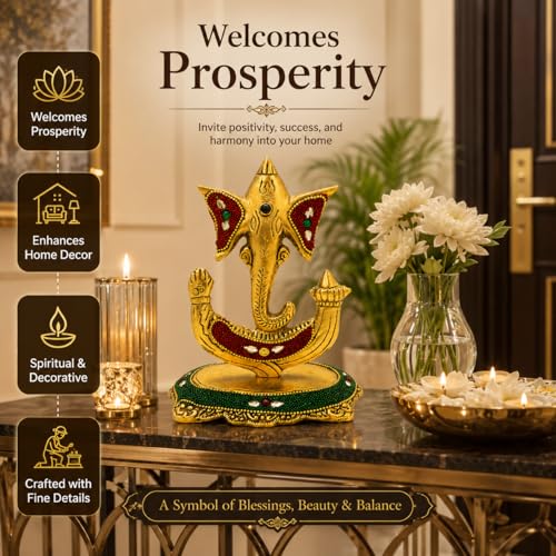 Image of Kalakriti Decorative Lord Trishul Ganesha Idol for Home Decor - Golden Metal Finish Ganpati Murti for Pooja Room, Office & Gift Purpose