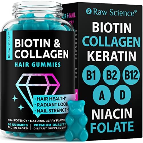 S RAW SCIENCE Hair Growth Vitamins for Women & Men – Biotin, Collagen, B7 Vitamins Gummies – Hair, Nails, and Skin Vitamins – Hair Growth Supplement for Thicker, Stronger, Hair – 60 Gummy Bears