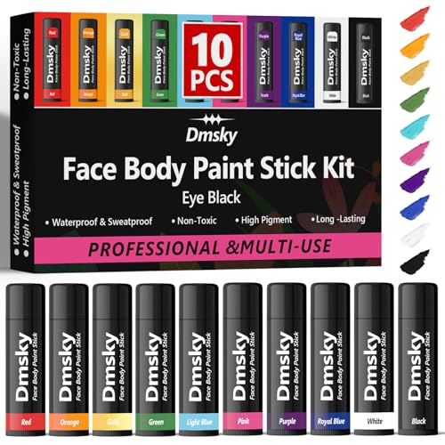 Dmsky 10 Packs Eye Black Sports Stick for Football, Baseball, Softball-Anti-Glare Face Body Paint Stick Kit,Water-Proof Eye Sports Paint Sticks,10 Color Eyeblack Painting Kit for Athletes & Fans