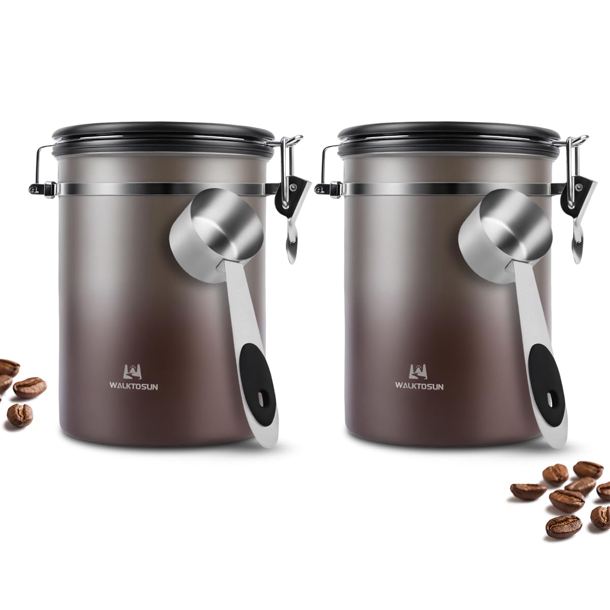 Luftdichte Edelstahl Kaffeedose, Vakuum Kaffeebehälter Kaffeebohnen Vorratsbehälter mit Datumsverfolgung, CO2-Freigabeventil und Messlöffel, für Tee Nüsse Kakao Frisch 1,8L (2er Set - Grau Braun)
