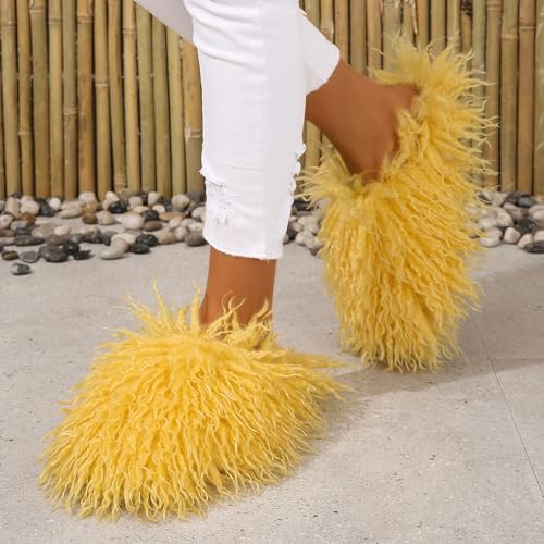 Image of Unisex Fuzzy Faux Fur Slippers, Women's Fluffy Long Hair Sheep Faux Fur Slip on Slides, Girls Luxury Big Fluffy Outdoor Flat Slippers, Long Curly Hair Non-Slip Warm Home Slide Shoes