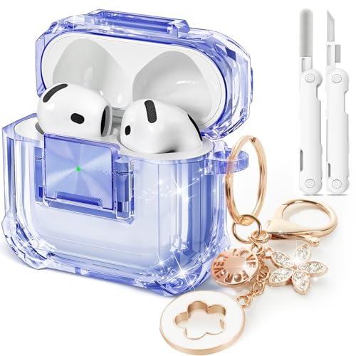 Image of for Airpods 4 Case with Safety Lock,Clear Case Soft TPU Shock-Proof Protective Cover with Cute Bling Keychain and Cleaner kit for Women Girls-Clear Blue