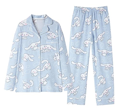 WANHONGYUE Kawaii Cartoon Pijama Mujer Niña Camiseta de Manga Larga y Pantalón Largo Conjunto 2 Piezas Ropa de Domir para Primavera Verano Azul-1 XL
