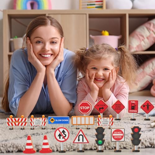 Image of Blosssound Wooden Toys Set for Preschool Classroom - Multicultural Career People Blocks Educational Wooden Play for Kids Learning Toys Play Games Activity Supplies(26 Pcs,Construction Signals)