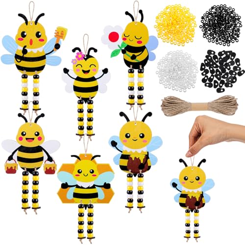 Cinnvoice 24 Sets Bee Sign Craft Kits Spring Crafts with Beads Honey Bee Wood Ornament DIY Craft Art Kit for Spring Holiday Party Favors Activities Decor