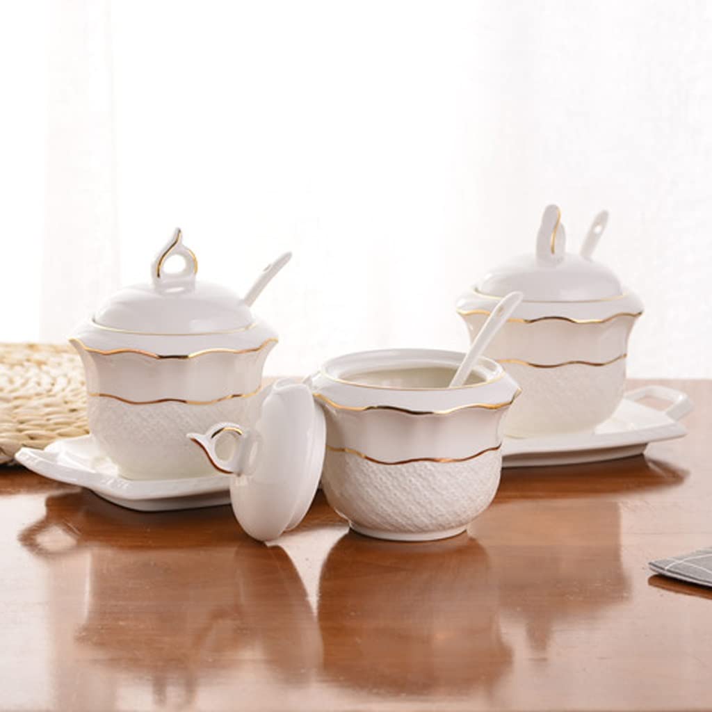 słoik na przyprawy， Puszka na przyprawy z porcelanowym talerzem Słoik na przyprawy Kreatywne pudełko na przyprawy Słoik na sól Europejski ceramiczny słoik na przyprawy Zestaw trzyczęściowy Słoik na pr