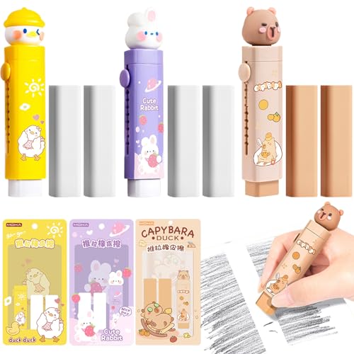ZenyTra Lot de 9 gommes à effacer - 3 motifs d'animaux mignons (capybara, canard, lapin) - Gommes rétractables pour enfants, école et bureau - Design coloré en 3 couleurs - Idéal comme cadeau