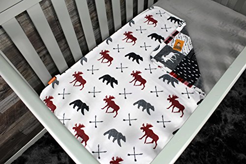 Image of Dear Baby Gear Reversible Baby Blanket, Nursery Cover for Newborn, Breathable, Lightweight Swaddle, Blanket for Girls and Boys, Bears, Moose, Northwood Adventure Faux Quilt, Moose, Arrows, 40 x 30in