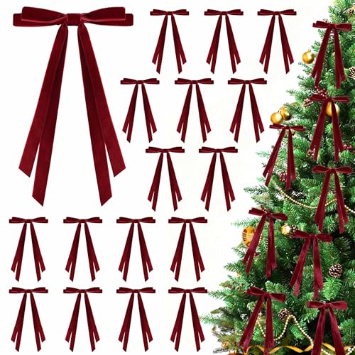 CUPLOOV 24 Pcs Christmas Bows for Tree, Burgundy Velvet Ribbon Bow for Christmas Tree, Pre-Tied Vintage Xmas Bows for Xmas Trees Wreaths Gifts Wedding Indoor Outdoor Decorations, 5 x 7 Inch