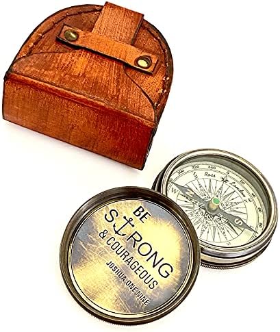 Ross London Be Strong & Courageous Engraved Compass, Joshua 1 9 Engraved Gift Compass - Brass Compass with Leather Box - Antique Style Compass - Confirmation, Baptism, Birthday Gifting idea