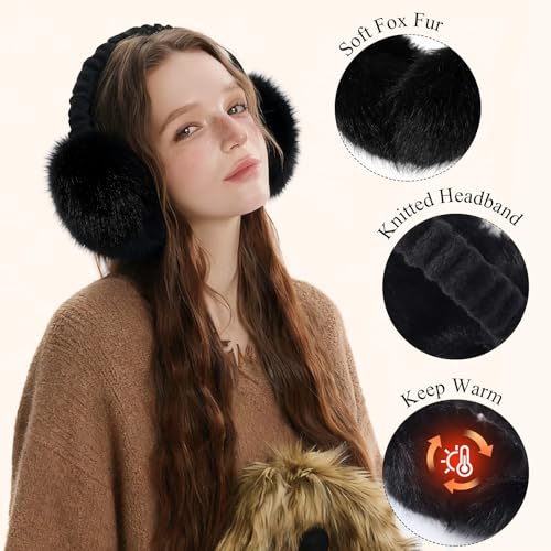 coclothy Ear Muffs Winter Women, Faux Fur Earmuffs Foldable Ear Warmer Girls Soft Ear Covers Ear Warmers Headband Winter, Large-Black 2025