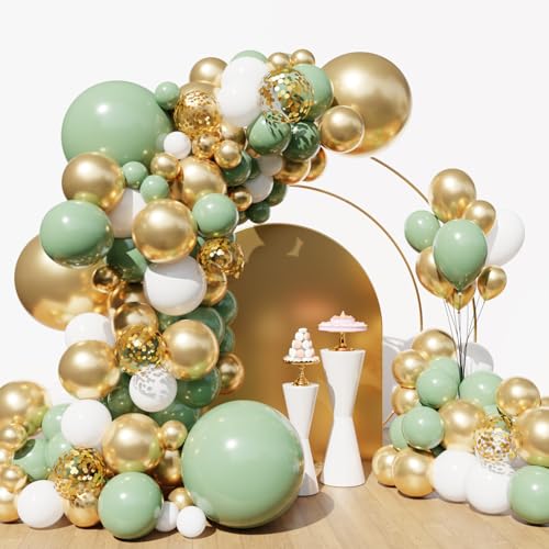 Image of Lukiituke Sage Green and Gold Balloon Arch Kit, 134Pcs Sage Green Balloons | 4 Sizes Birthday Balloons for Baby Shower, Wedding, Bridal Party Decorations