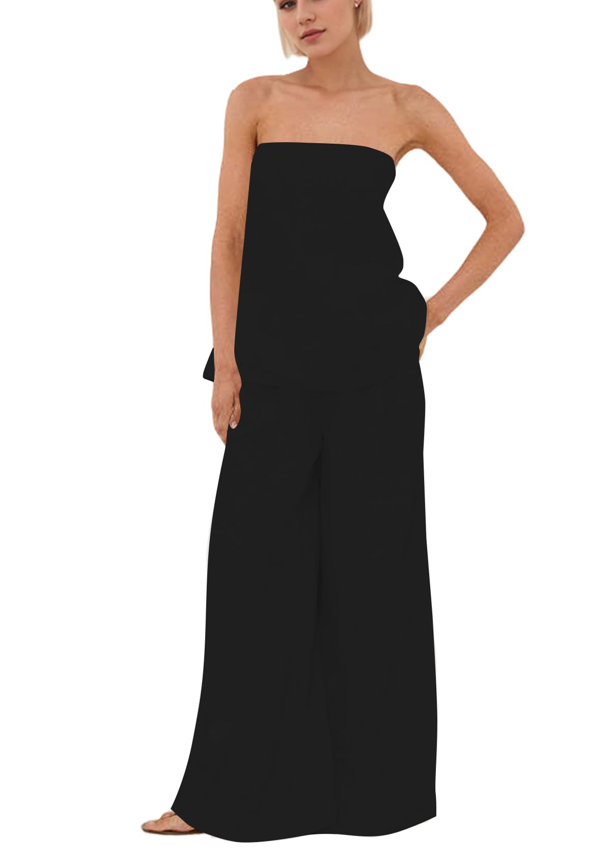 Calbatic - 2-teiliges Set für Damen, gepunktet, schulterfrei, hohe Taille, weite Hose, Entspannungsset, Sommeranzug